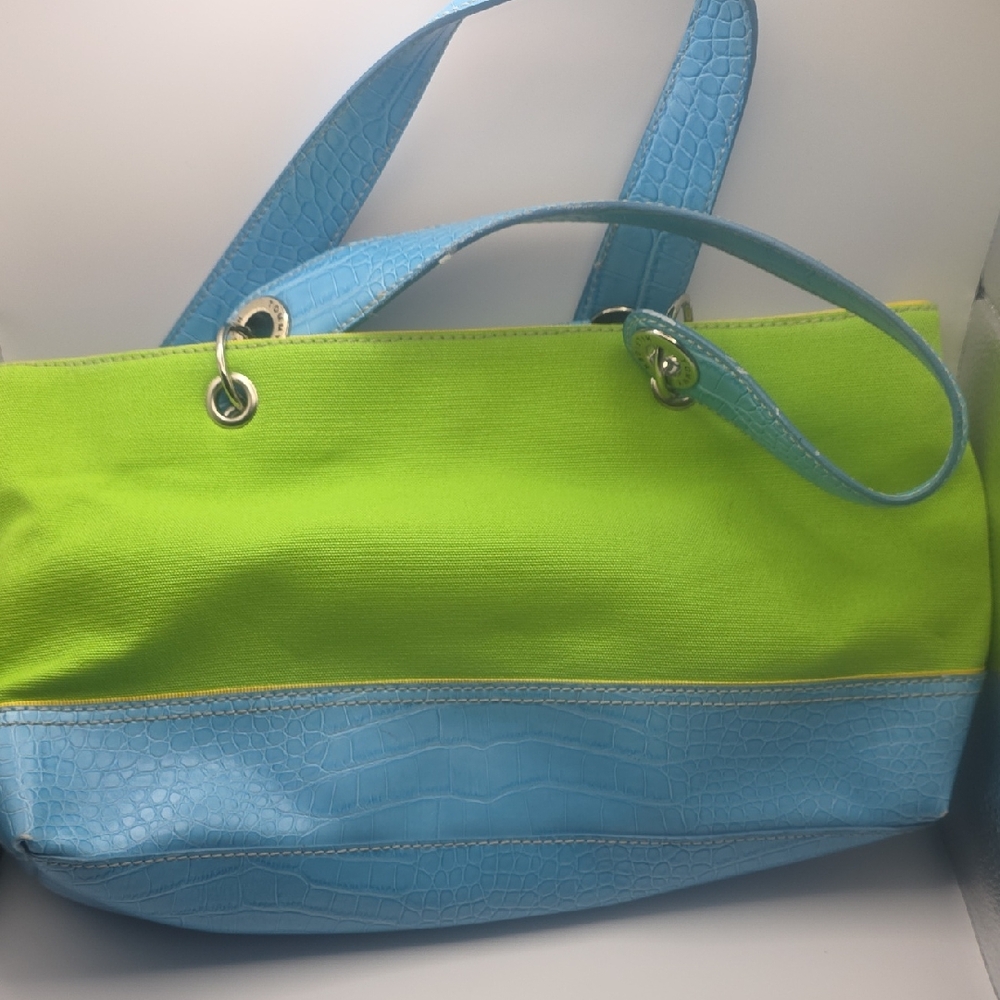 Tommy Hilfiger Handbag Y2K Green Canvas/blue Croc Embossed Faux Leather